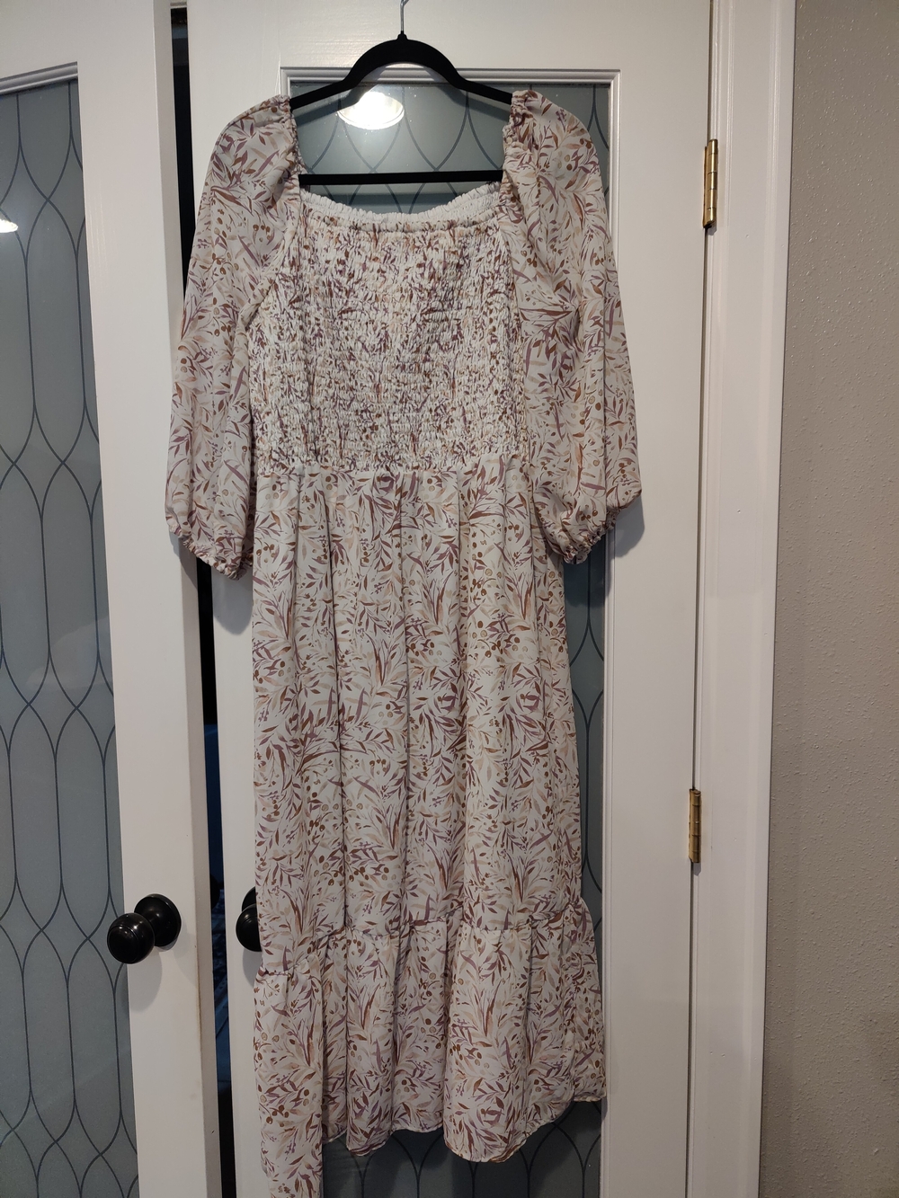 Smocked Floral Midi Dress in Cream and Taupe